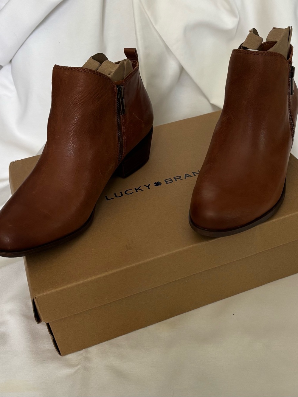 Lucky Brand Cognac Leather Ankle Booties with Side Zip